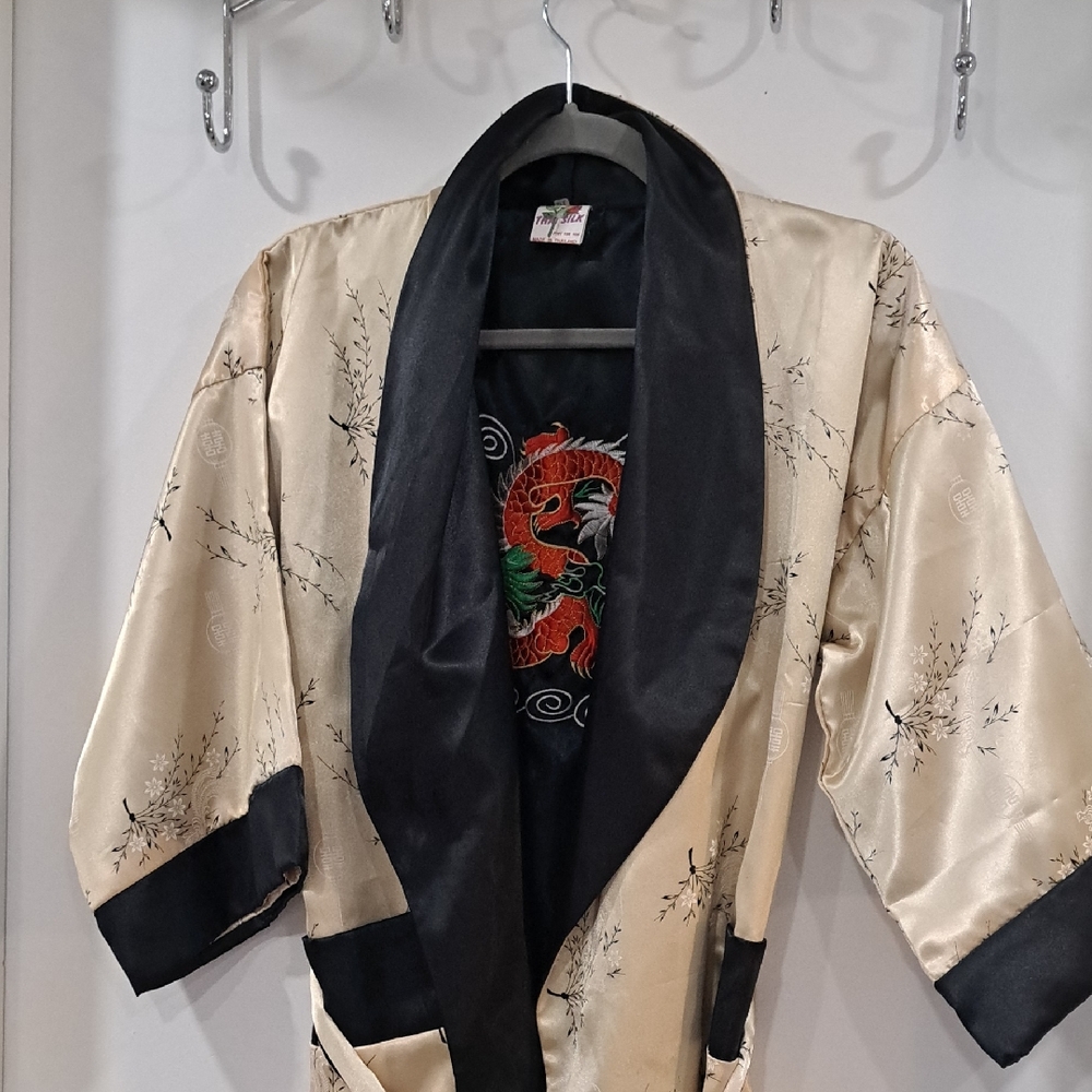 Embroidered Dragon Satin Kimono Robe in Ivory and Black